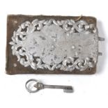 17TH CENTURY ANTIQUE BOX LOCK AND KEY HAVING A DECORATIVE STEEL COVER