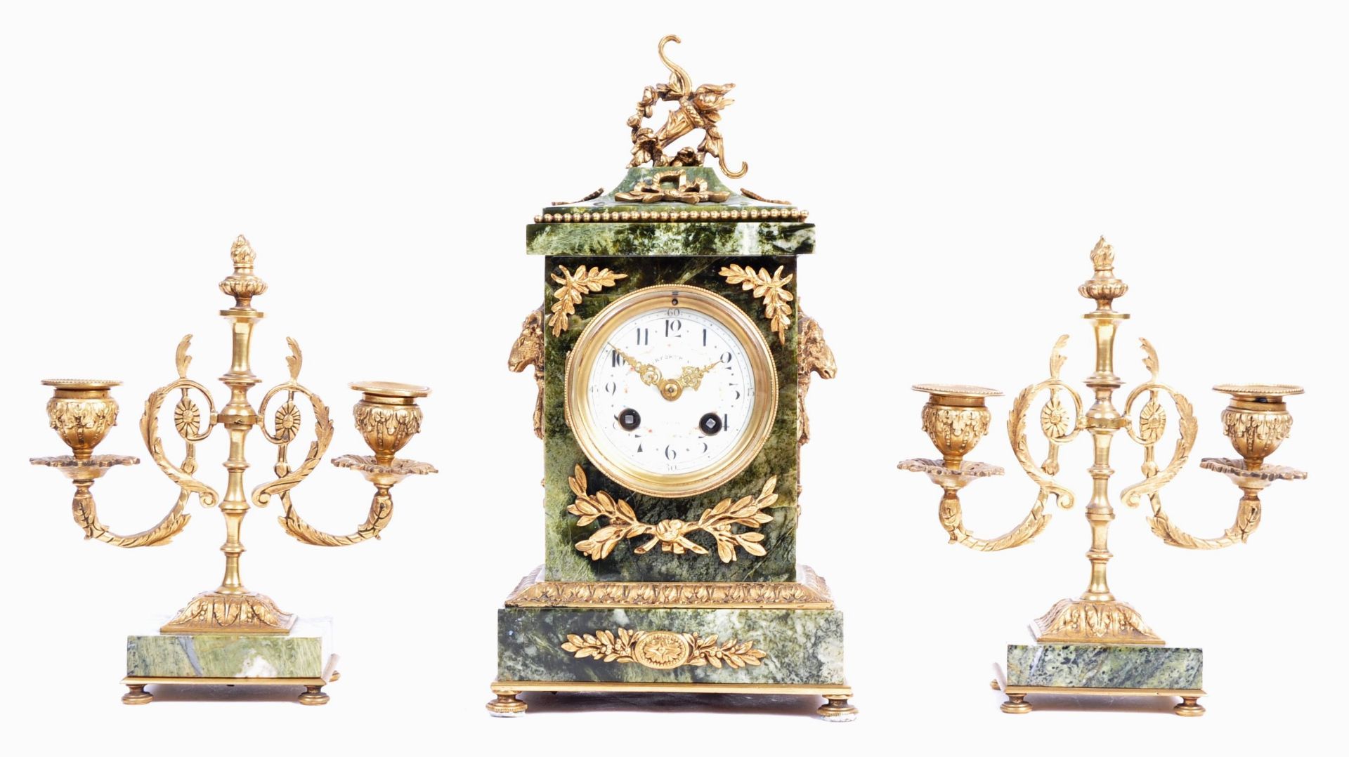 JAPY FRERES FRENCH GREEN MARBLE AND ORMOLU CLOCK