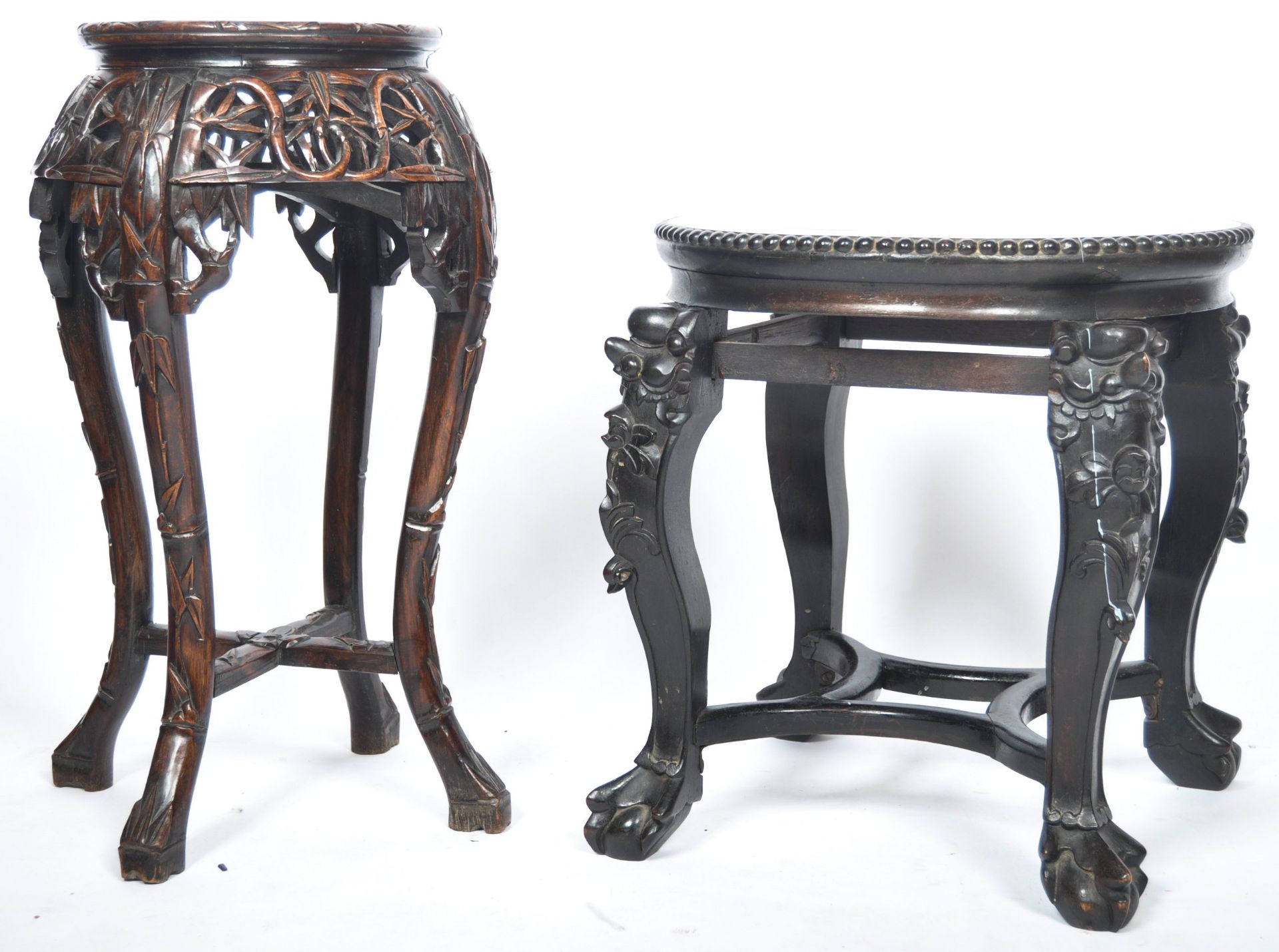 TWO 19TH CENTURY CHIENSE HARDWOOD VASE STANDS.