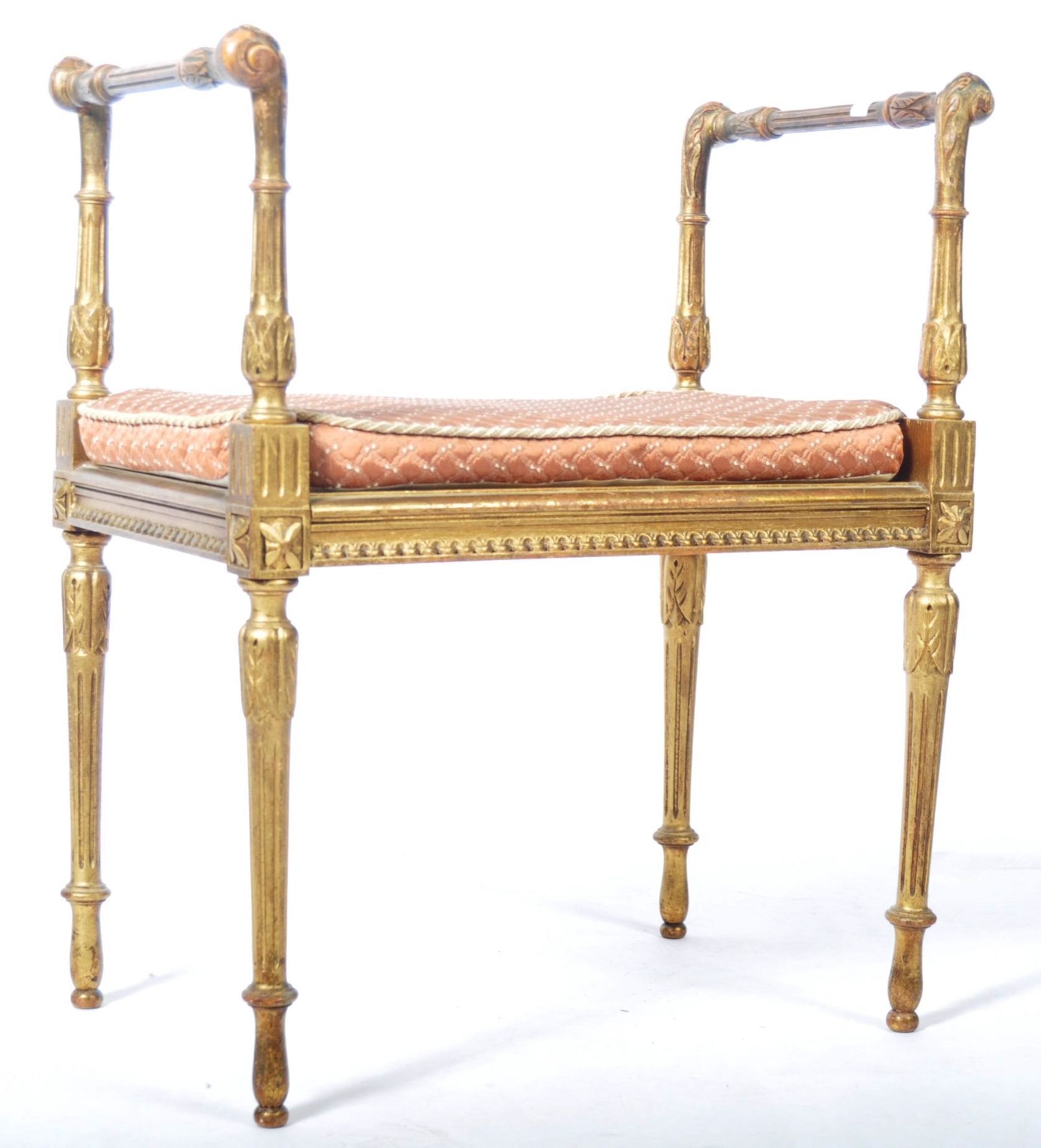 19TH CENTURY GEORGIAN ANTIQUE GILT WOOD WINDOW SEAT RAISED ON REEDED LEGS