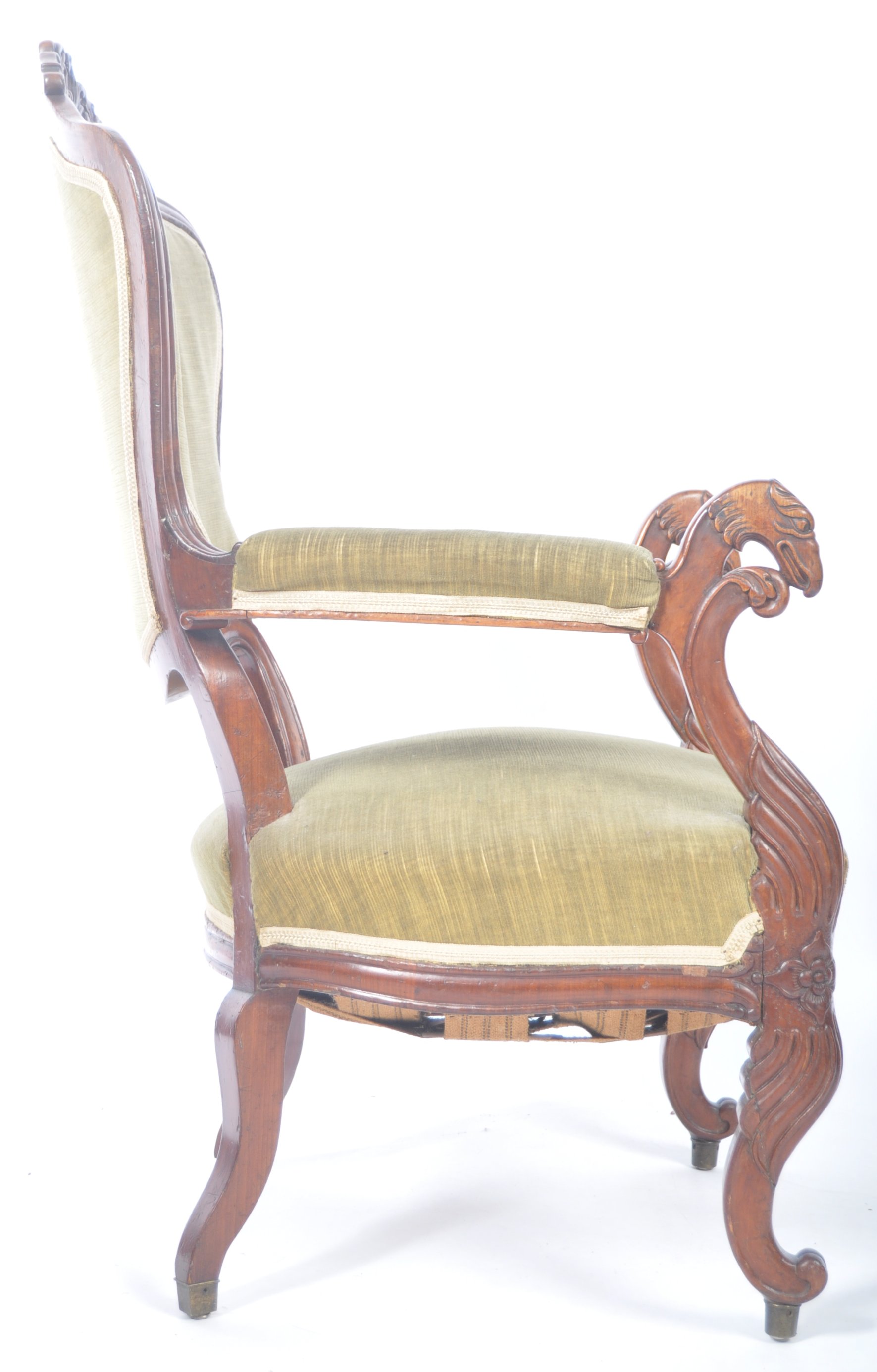 19TH CENTURY WALNUT ANTIQUE ARM CHAIR WITH ANIMAL HEAD ARMRESTS - Image 6 of 8