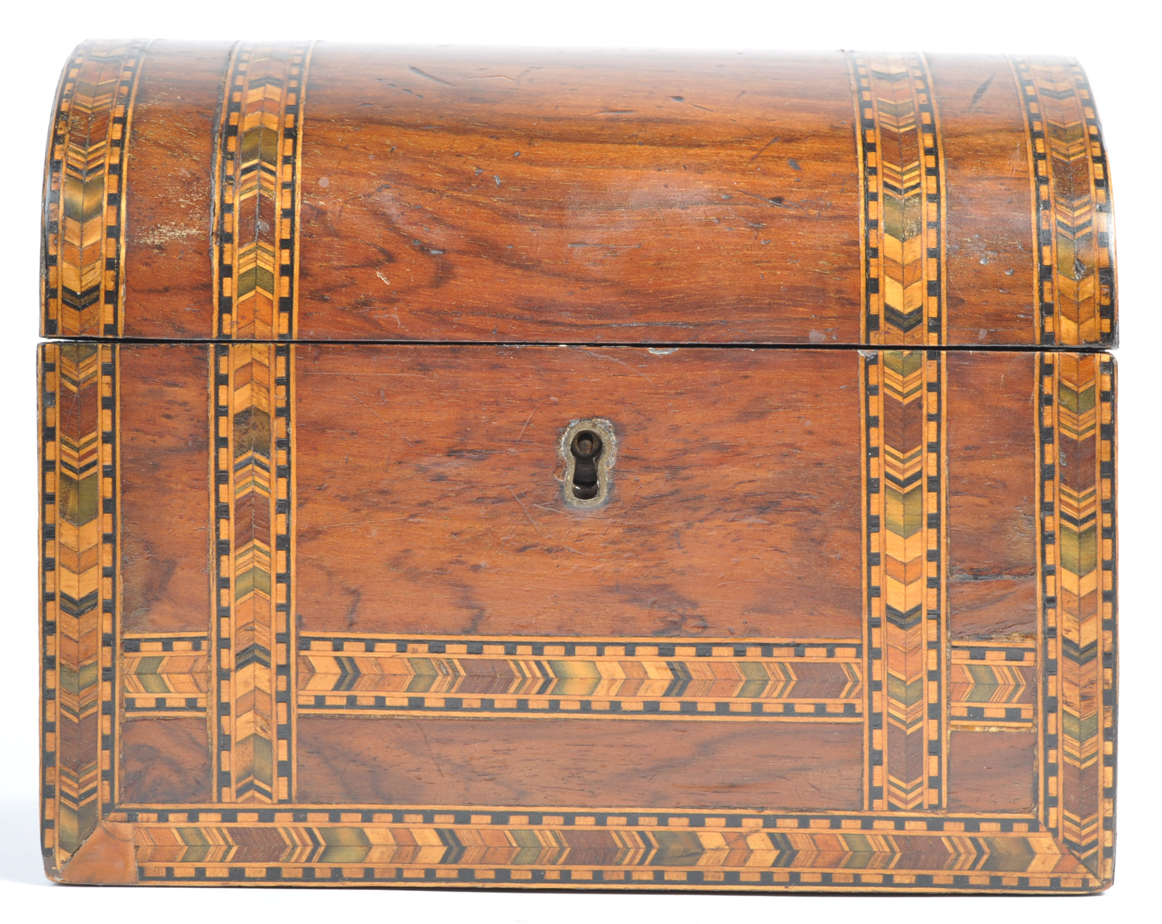 19TH CENTURY GEORGIAN WALNUT DOMED TOP TEA CADDY HAVING TUNBRIDGE INLAY - Image 2 of 6