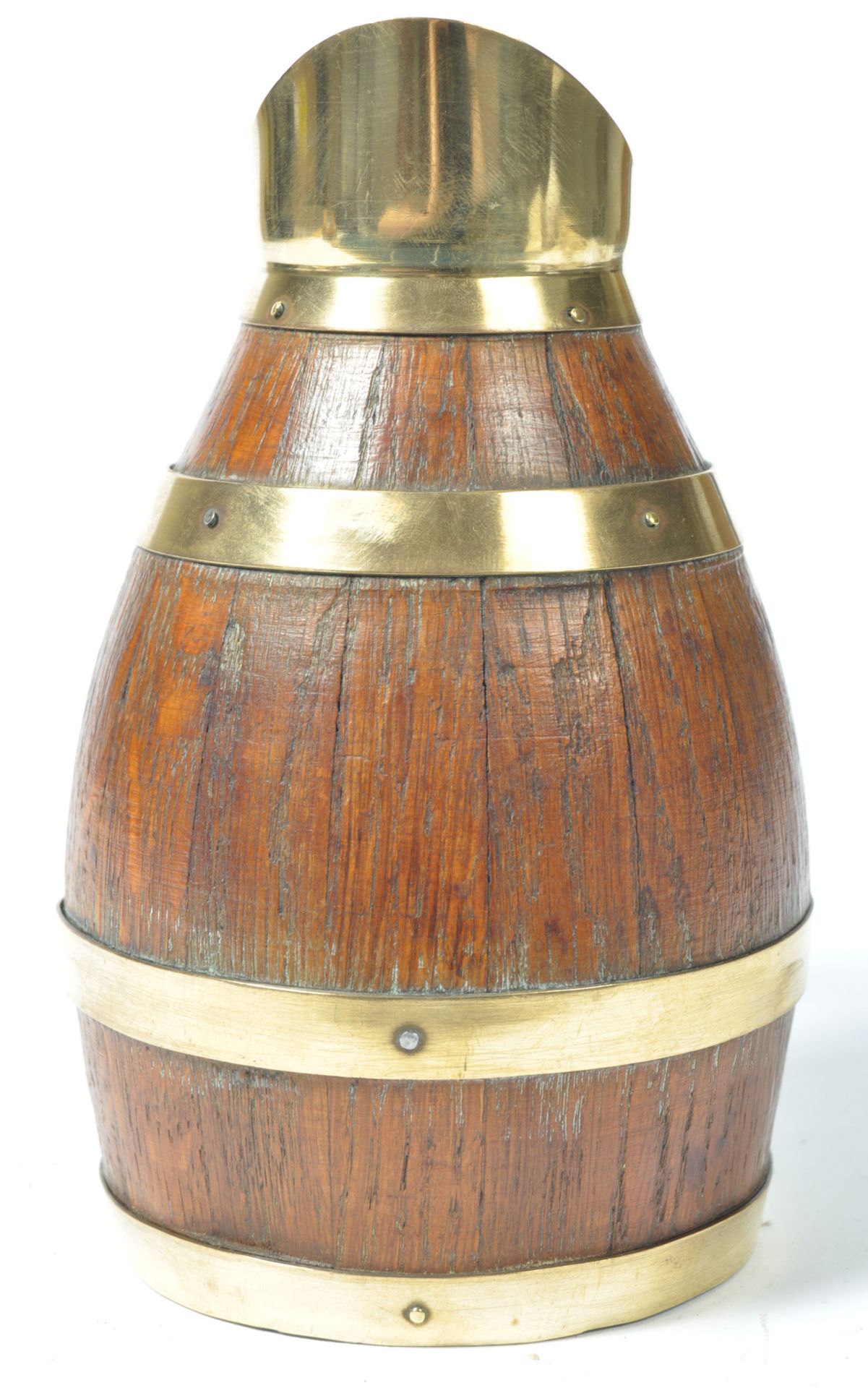 EARLY 19TH CENTURY OAK COOPERED BARREL BRASS BOUND JUG - Bild 2 aus 4