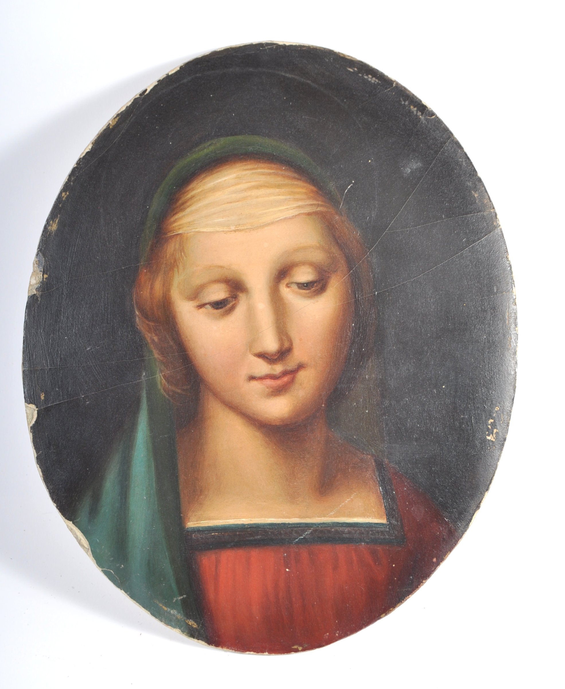 19TH CENTURY OIL ON PLASTER PANEL DEPICTING THE MADONNA