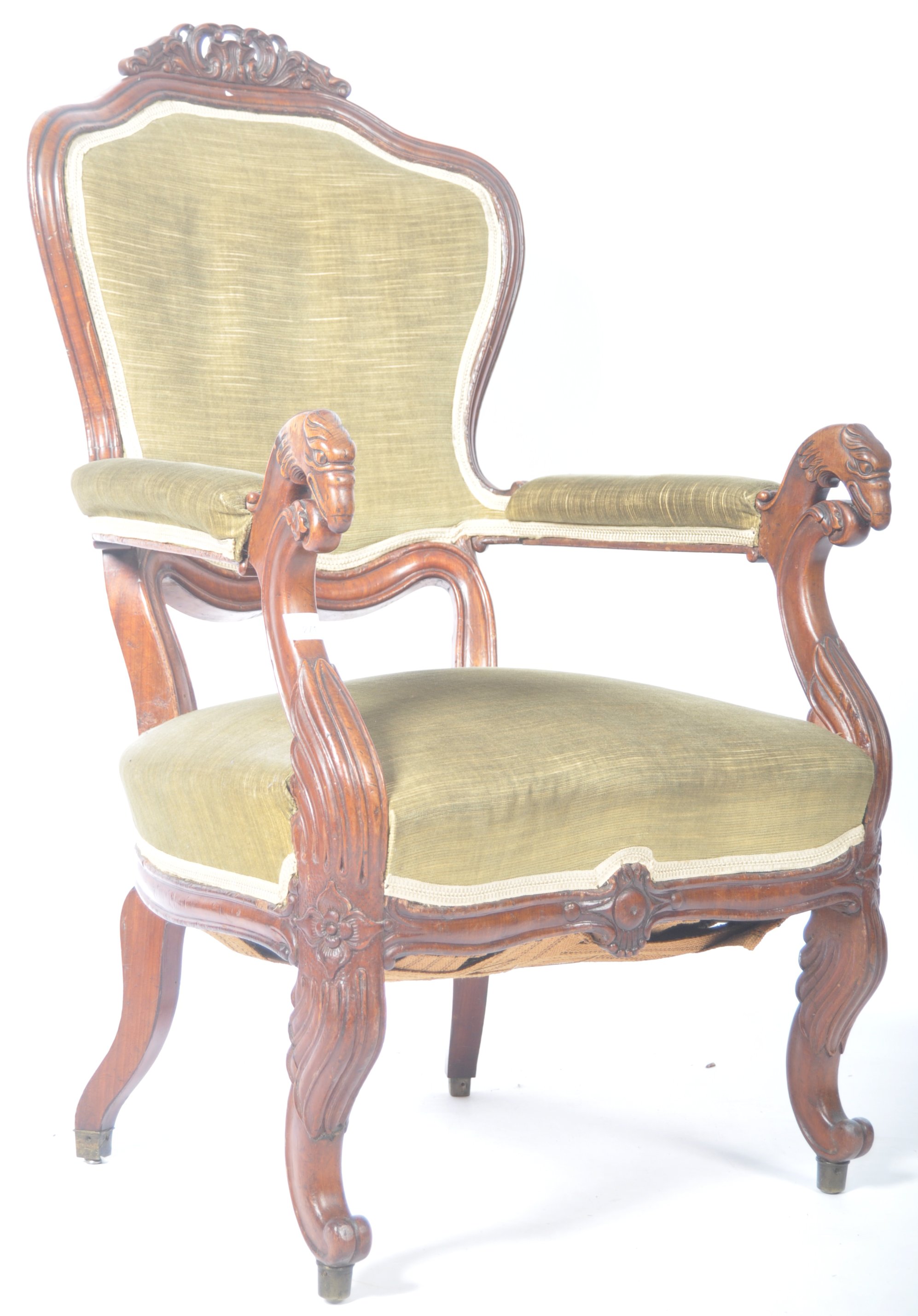 19TH CENTURY WALNUT ANTIQUE ARM CHAIR WITH ANIMAL HEAD ARMRESTS