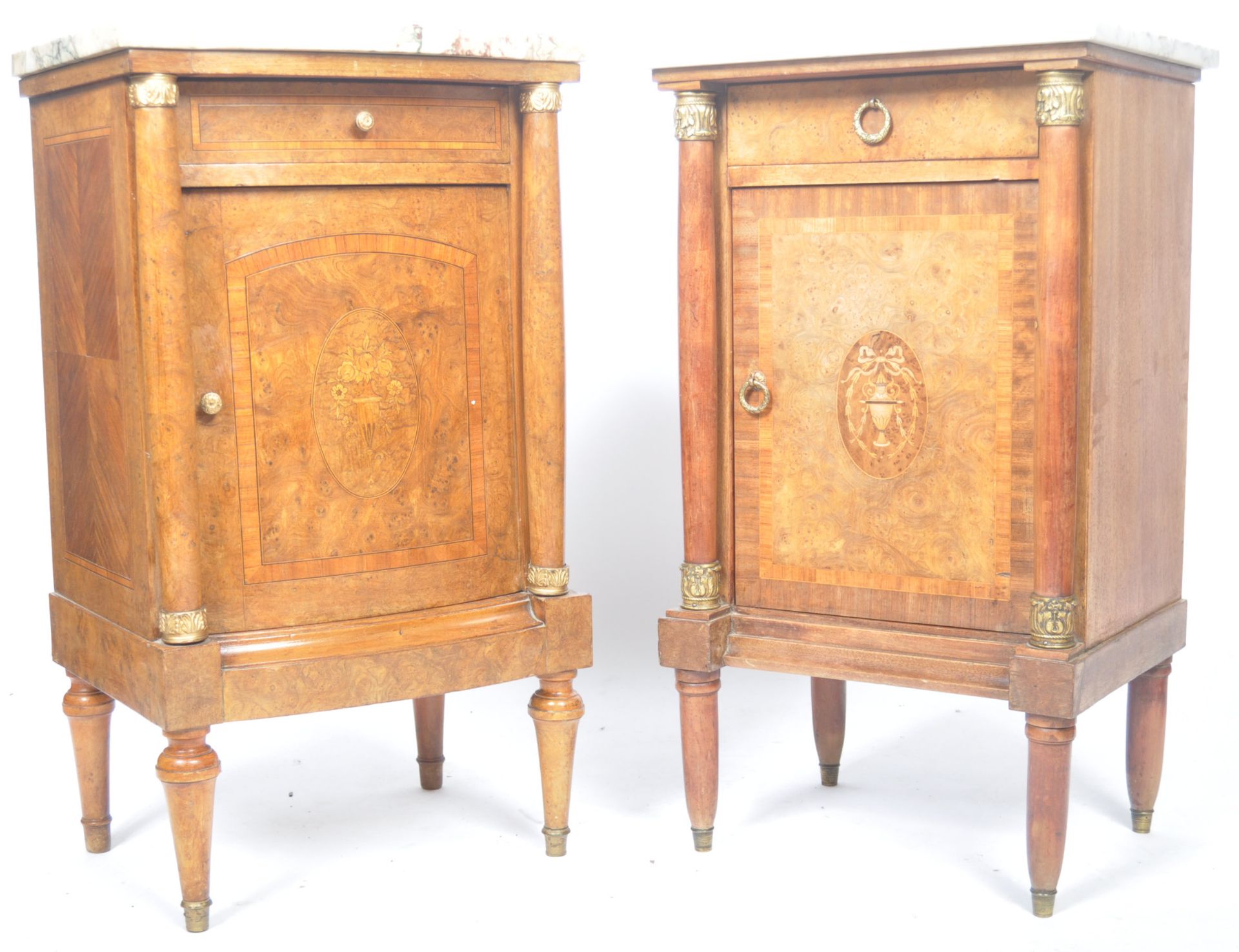 TWO 19TH CENTURY FRENCH BURR WALNUT MARBLE BEDSIDES - Bild 3 aus 9