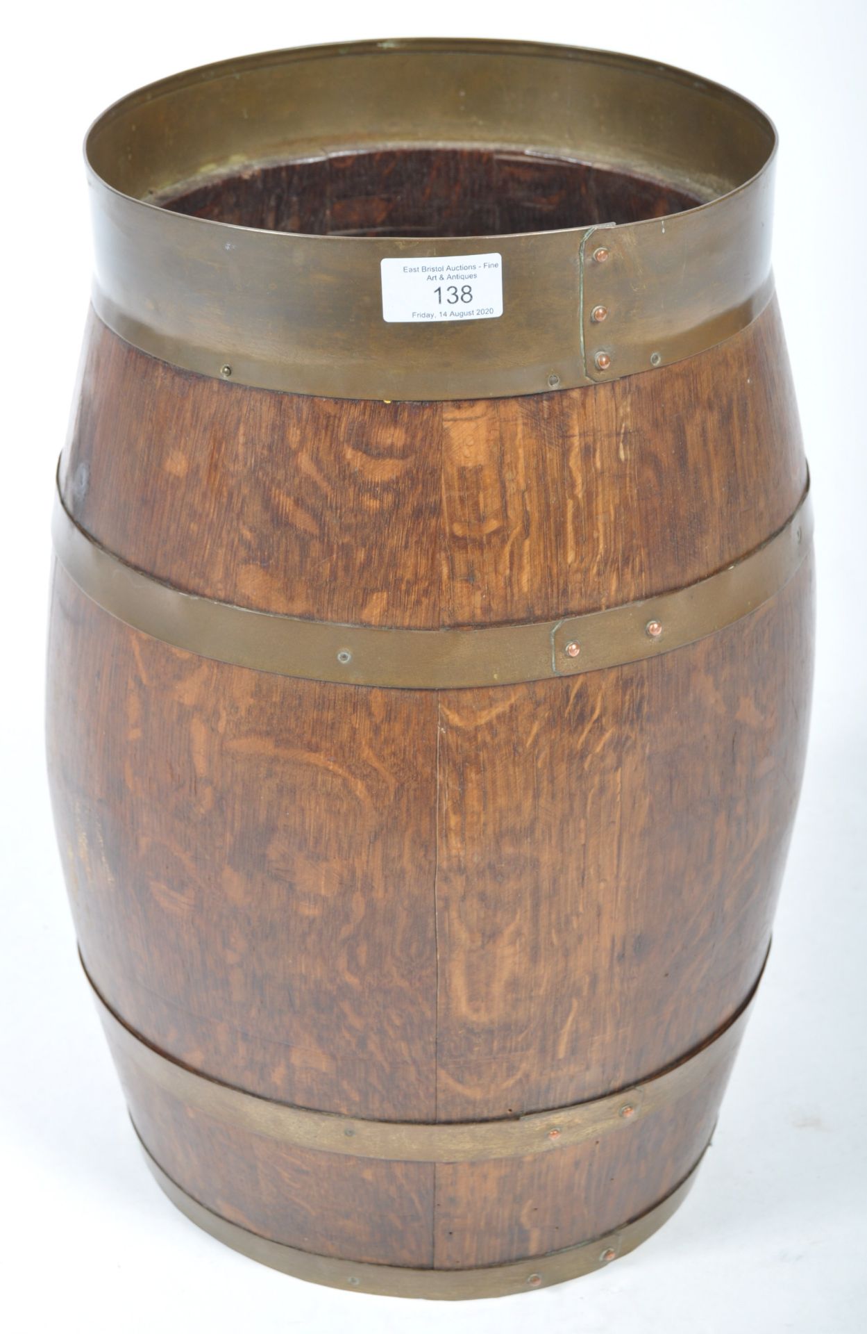 19TH CENTURY OAK AND BRASS COOPERED BARREL STICK / UMBRELLA STAND - Image 2 of 7