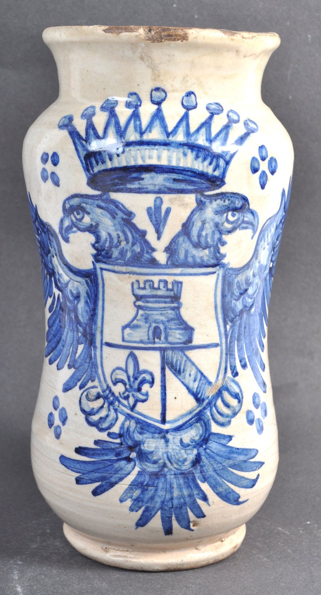 A GEORGIAN ITALIAN ANTIQUE MAIOLICA ALBARELLO VASE BEARING A DOUBLE HEADED EAGLE