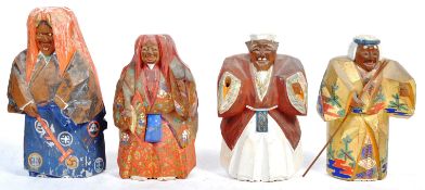 RARE SET OF FOUR CARVED AND SIGNED JAPANESE ACTOR FIGURINES