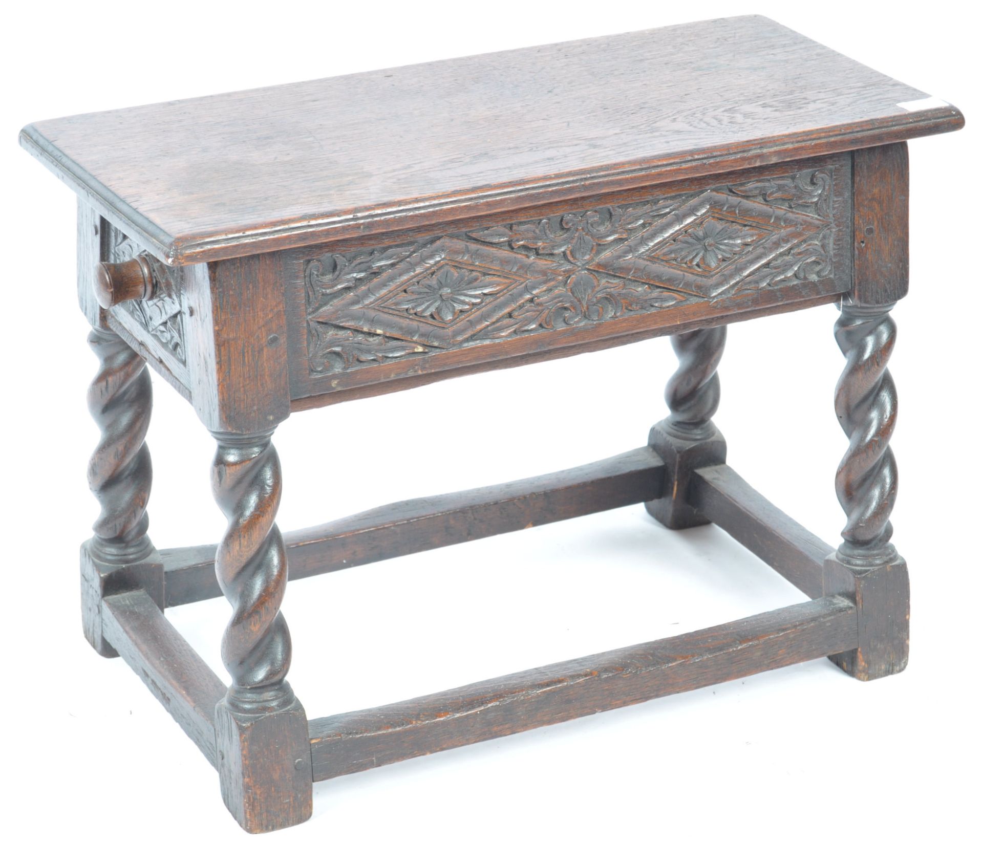 RETAILED BY LIBERTY OF LONDON 20TH CENTURY OAK SEWING STOOL - Bild 2 aus 6