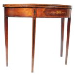 FINE GEORGE III MAHOGANY AND MARQUETRY DEMI LUNE CARD TABLE