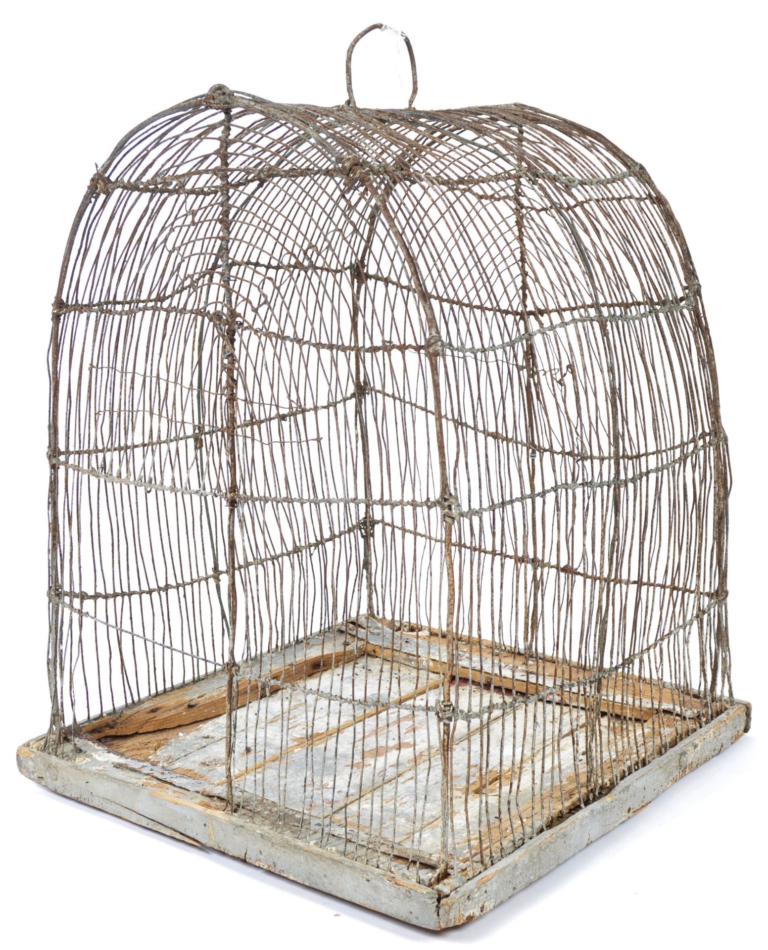 LARGE 18TH CENTURY WIRE AND PINE BIRD CAGE