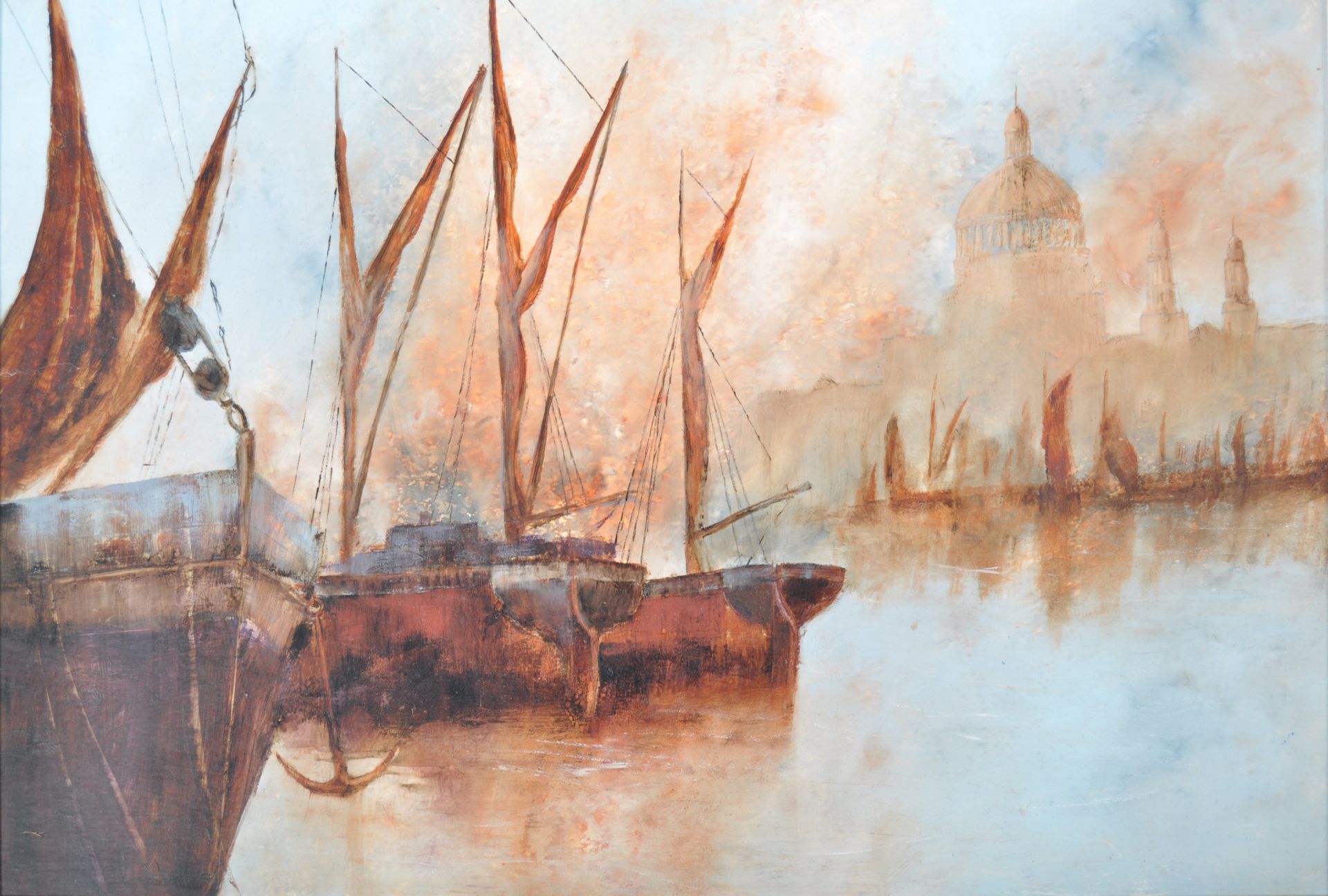 DAVID CHAMBERS - OIL ON BOARD PAINTING DEPICTING BARGES AT ST. PAUL'S - Bild 2 aus 4