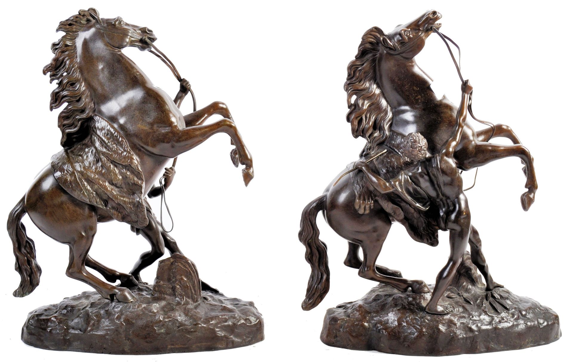 PAIR OF FRENCH ANTIQUE BRONZE MARLY HORSES AFTER COUSTOU