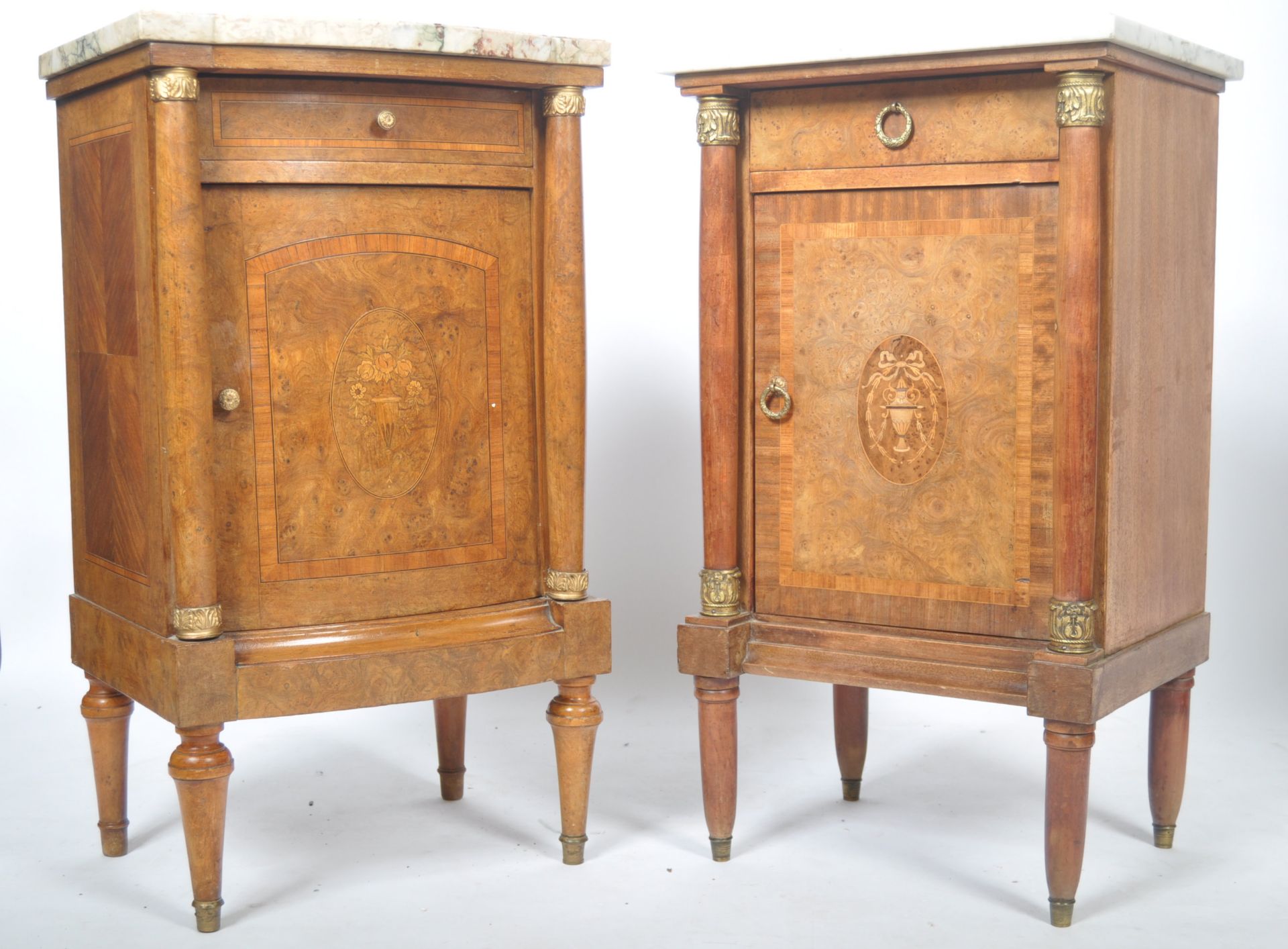 TWO 19TH CENTURY FRENCH BURR WALNUT MARBLE BEDSIDES