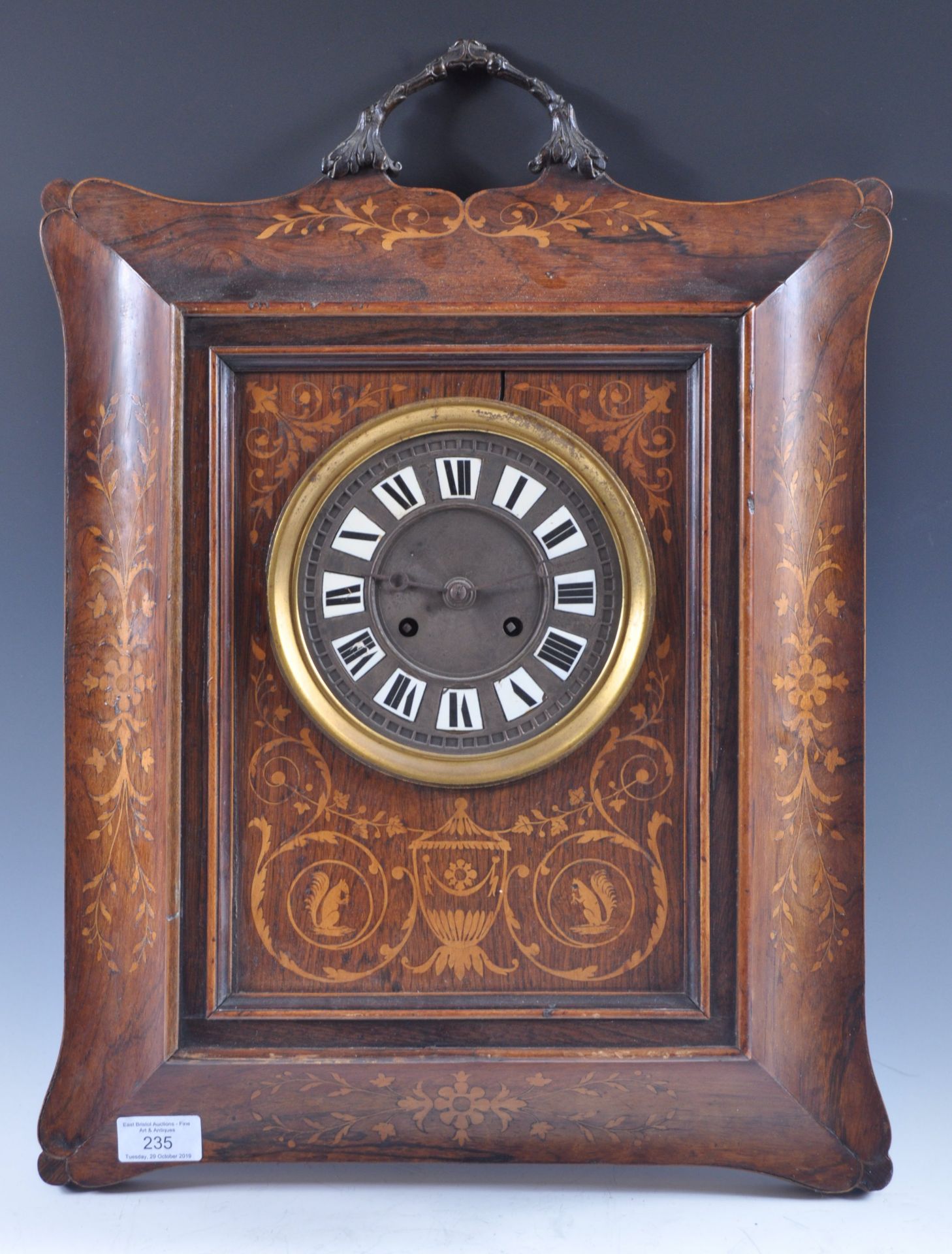 EDWARDIAN ROSEWOOD AND INLAID BRONZED HANDLED WALL CLOCK
