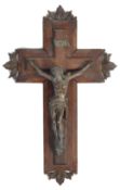 19TH CENTURY BLACK FORREST CARVED CRUCIFIX WITH BRONZE CHRIST