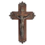 19TH CENTURY BLACK FORREST CARVED CRUCIFIX WITH BRONZE CHRIST