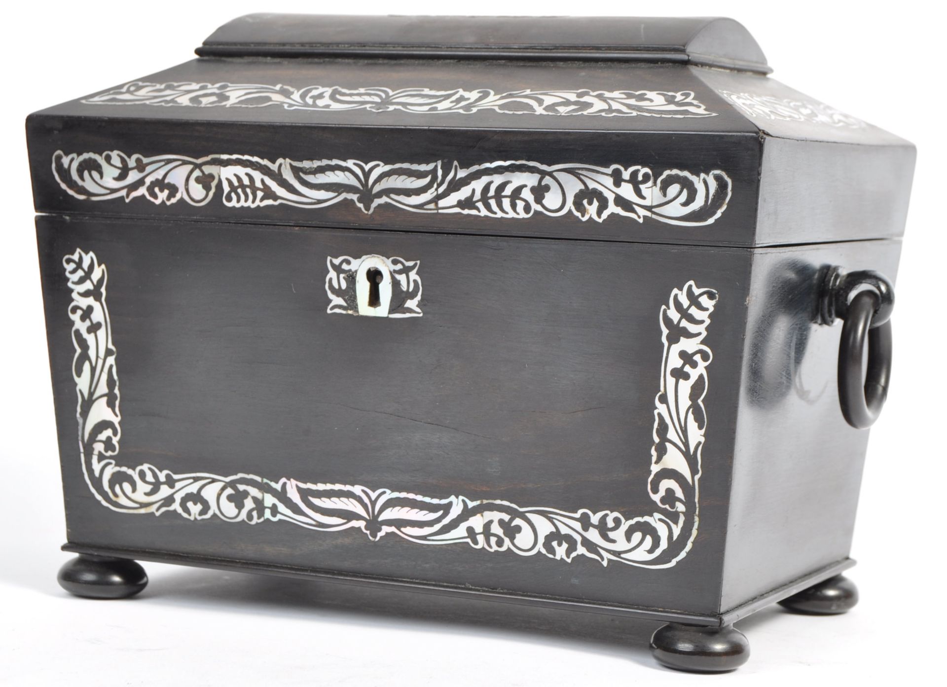 A 19TH CENTURY VICTORIAN EBONY AND MOTHER OF PEARL TEA CADDY