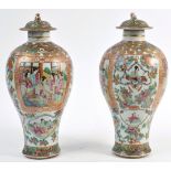 A PAIR OF 18TH CENTURY CHINESE CANTON VASES AND COVERS OF PLUMB FORM