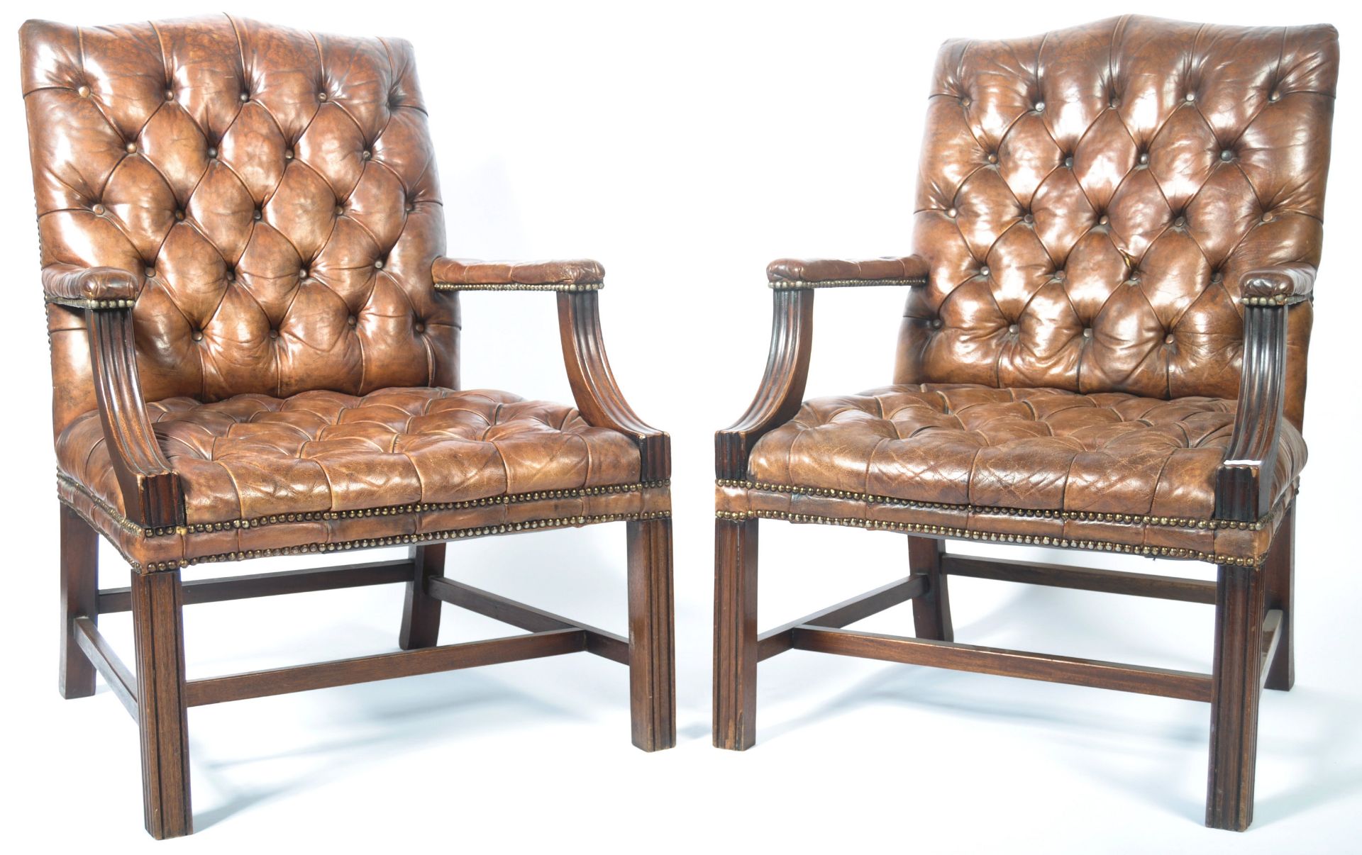 PAIR OF ENGLISH ANTIQUE GAINSBOROUGH LEATHER ARMCHAIRS