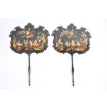 PAIR 19TH CENTURY CHINOISERIE BLACK LACQUER HAND SCREENS
