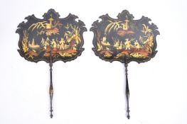 PAIR 19TH CENTURY CHINOISERIE BLACK LACQUER HAND SCREENS