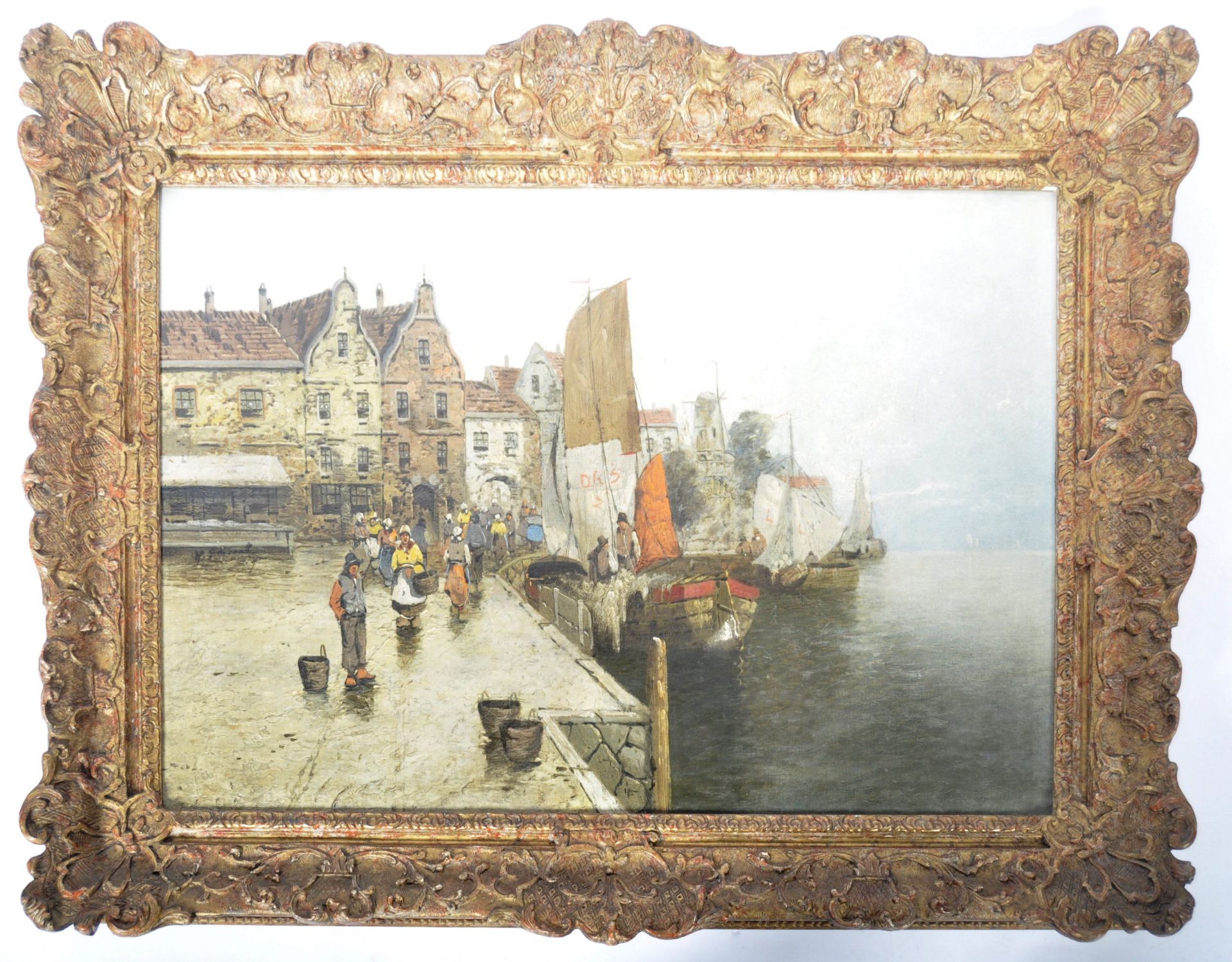 19TH CENTURY DUTCH OIL ON CANVAS COASTAL SCENE PAINTING