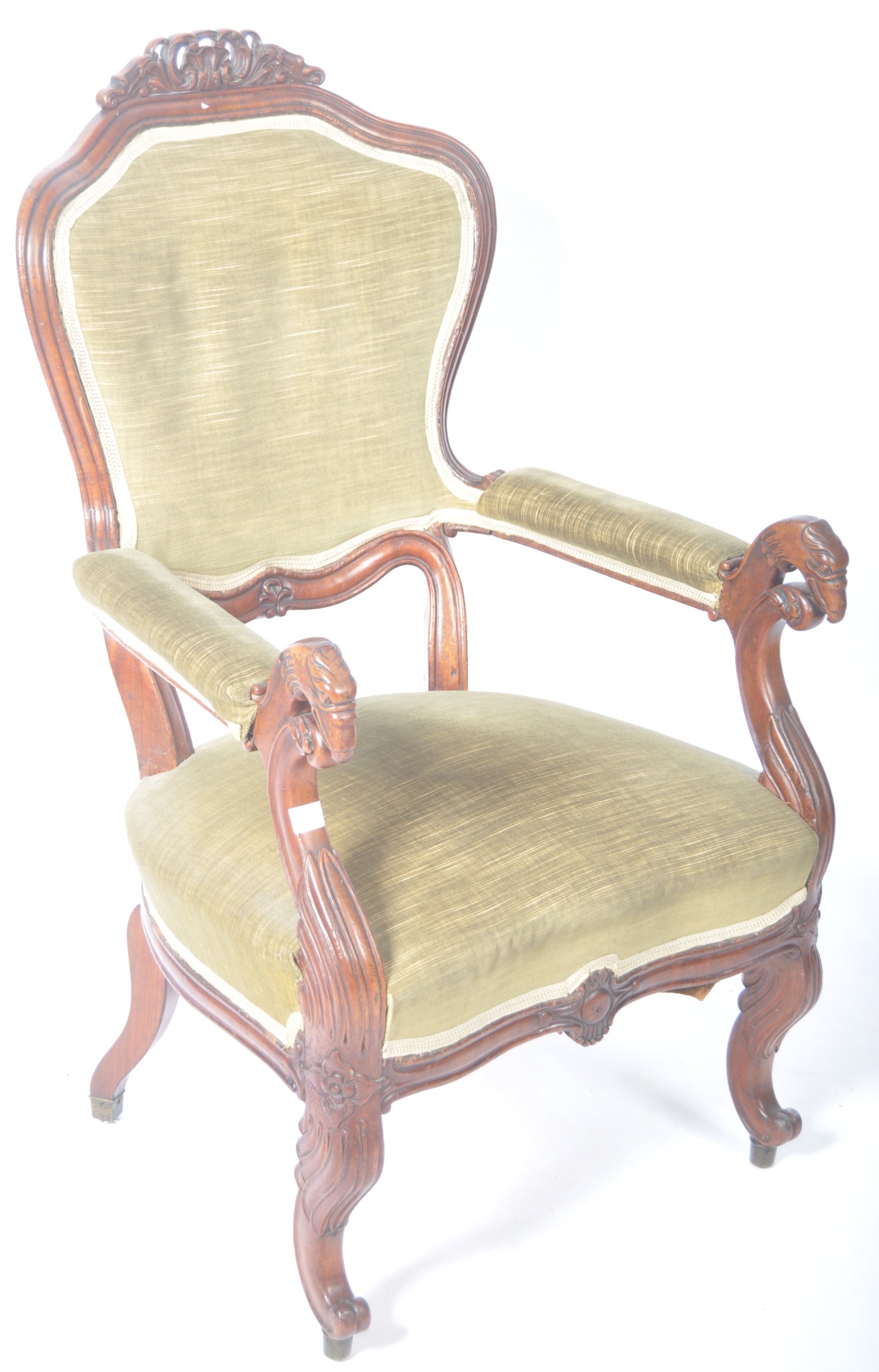 19TH CENTURY WALNUT ANTIQUE ARM CHAIR WITH ANIMAL HEAD ARMRESTS - Image 2 of 8