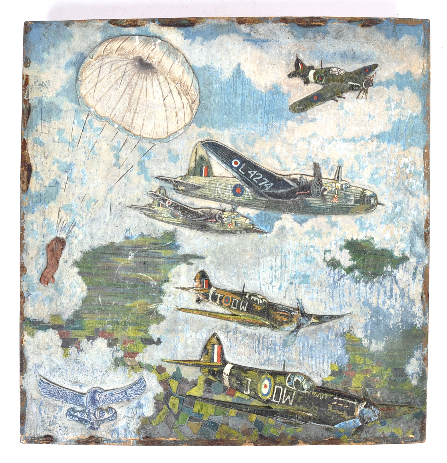 WWII FOLK ART CARVED OIL PAINTING - RAF BOMBER STU