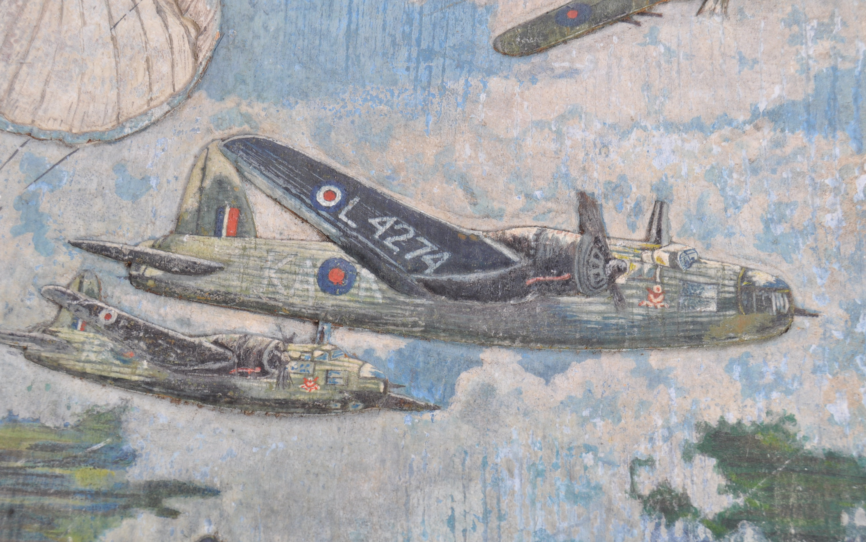 WWII FOLK ART CARVED OIL PAINTING - RAF BOMBER STU - Image 2 of 5