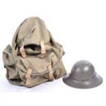 ORIGINAL WWII BRITISH ARMY BACK PACK AND CIVIL DEFENCE HELMET