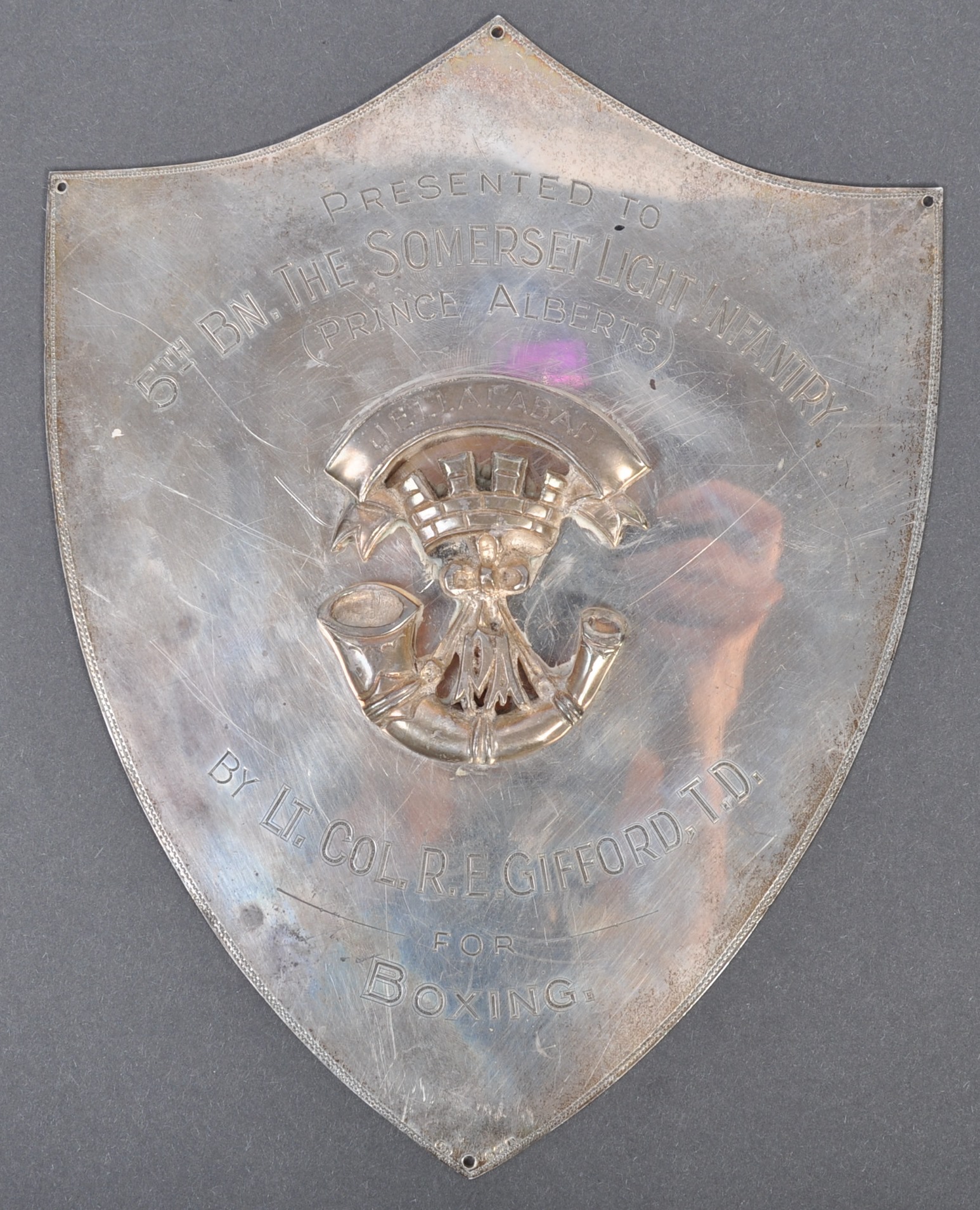 LARGE HALLMARKED SILVER SOMERSET LIGHT INFANTRY BOXING PLAQUE