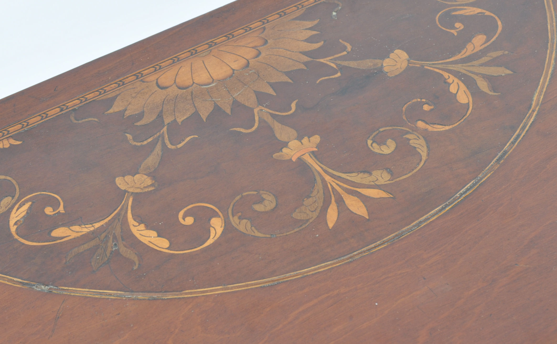 FINE GEORGE III MAHOGANY AND MARQUETRY DEMI LUNE C - Image 9 of 12
