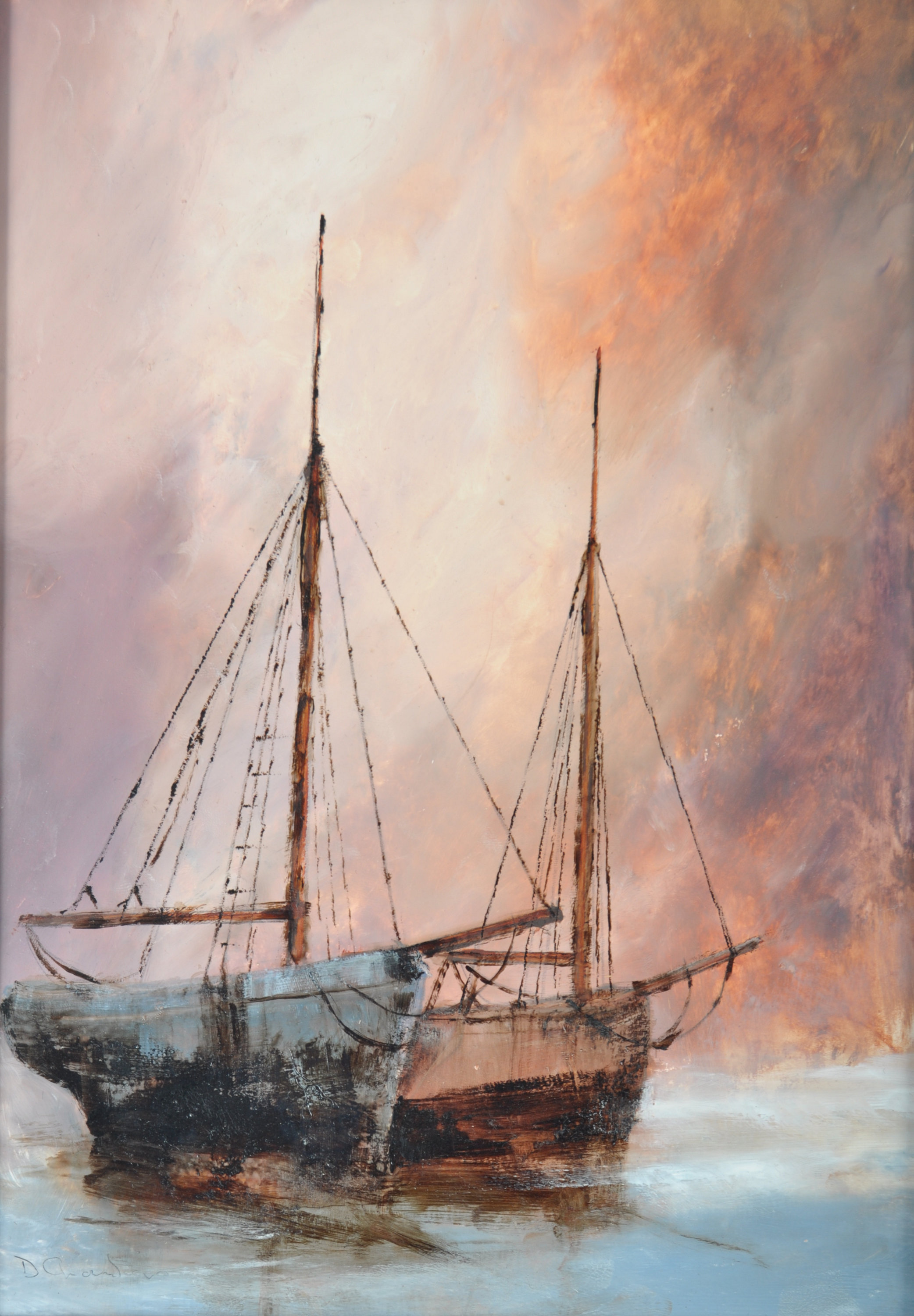 DAVID CHAMBERS - MAROONED SAILING BOATS OIL ON BOA - Image 3 of 8