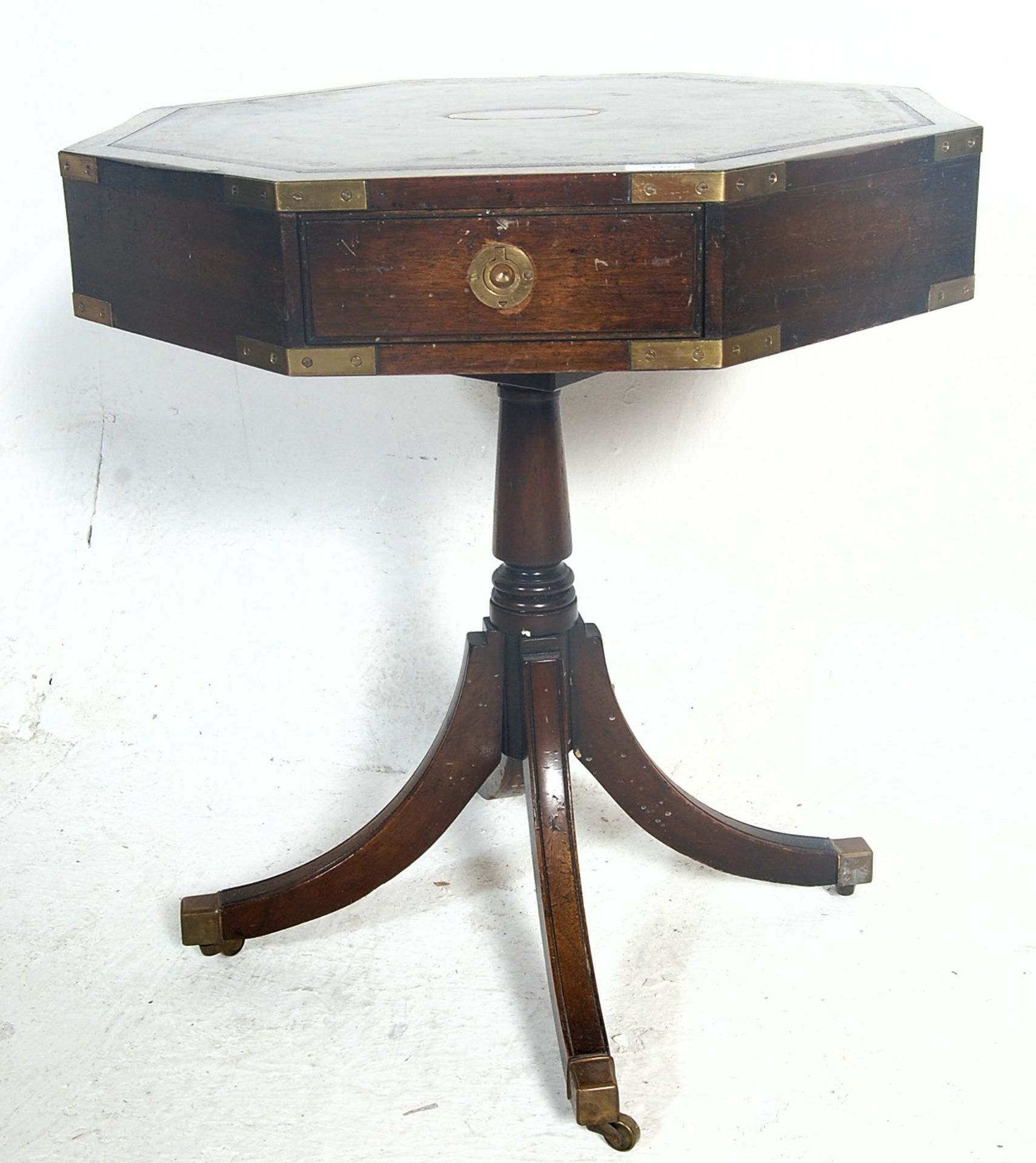 A regency revival mahogany campaign hexagonal drum table / occasional table / rent table having a - Bild 2 aus 5