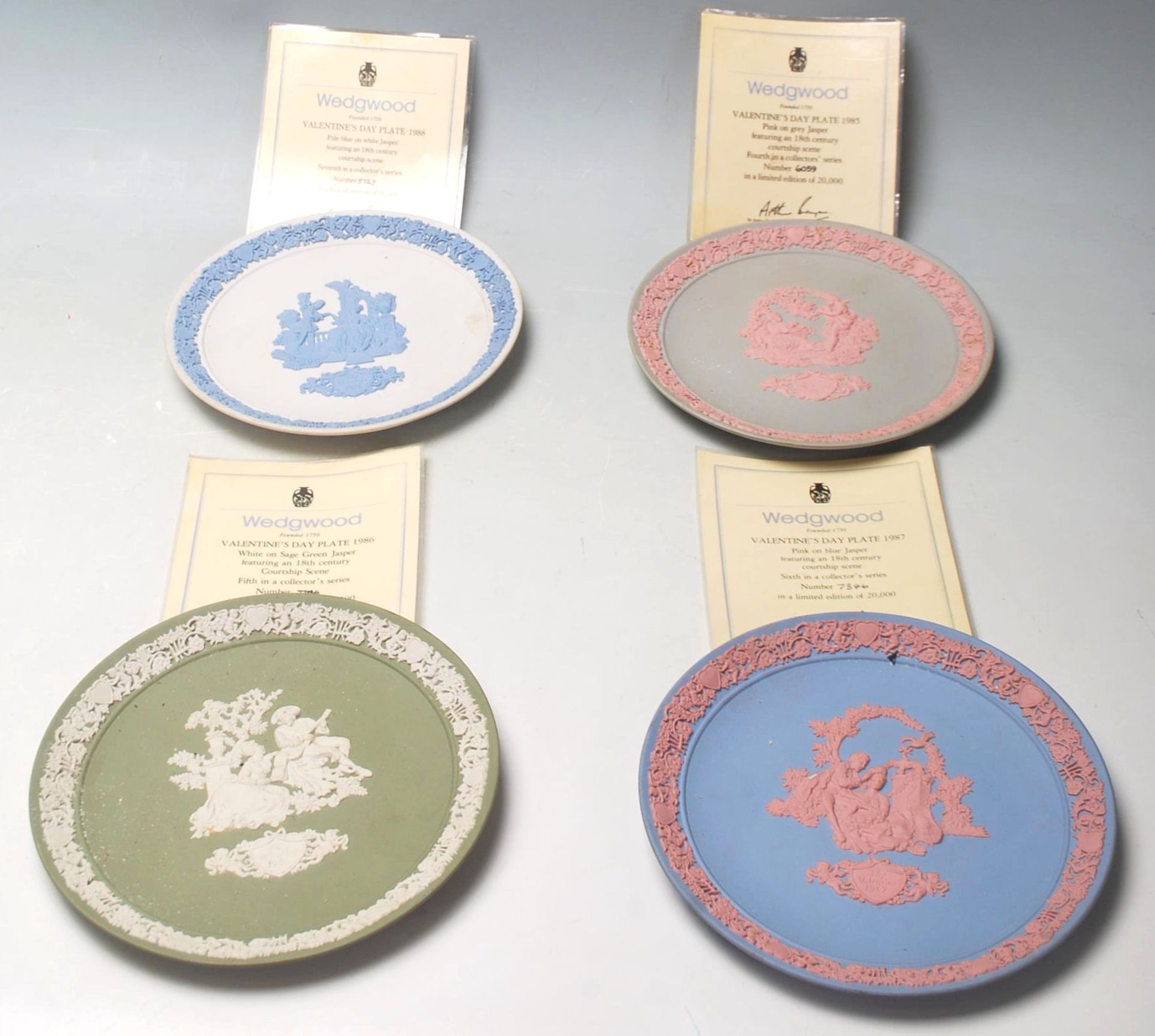 A collection of 20th century Wedgwood Staffordshire Valentine's Day Plates. To include 1985 Plate,