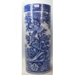 A 20th century Chinese style antique blue and white vase / stick stand with naturalistic scenes to