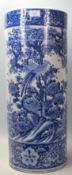 A 20th century Chinese style antique blue and white vase / stick stand with naturalistic scenes to