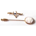 An early 20th Century antique large cameo carved shell tie / stick pin depicting Hermes set in