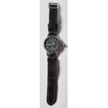 A gents contemporary pocket watch style wristwatch set to a black leather strap bracelet. The