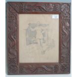 WWI SKETCH OF A SOLDIER STICKS IN ORNATE CARVED FRAME