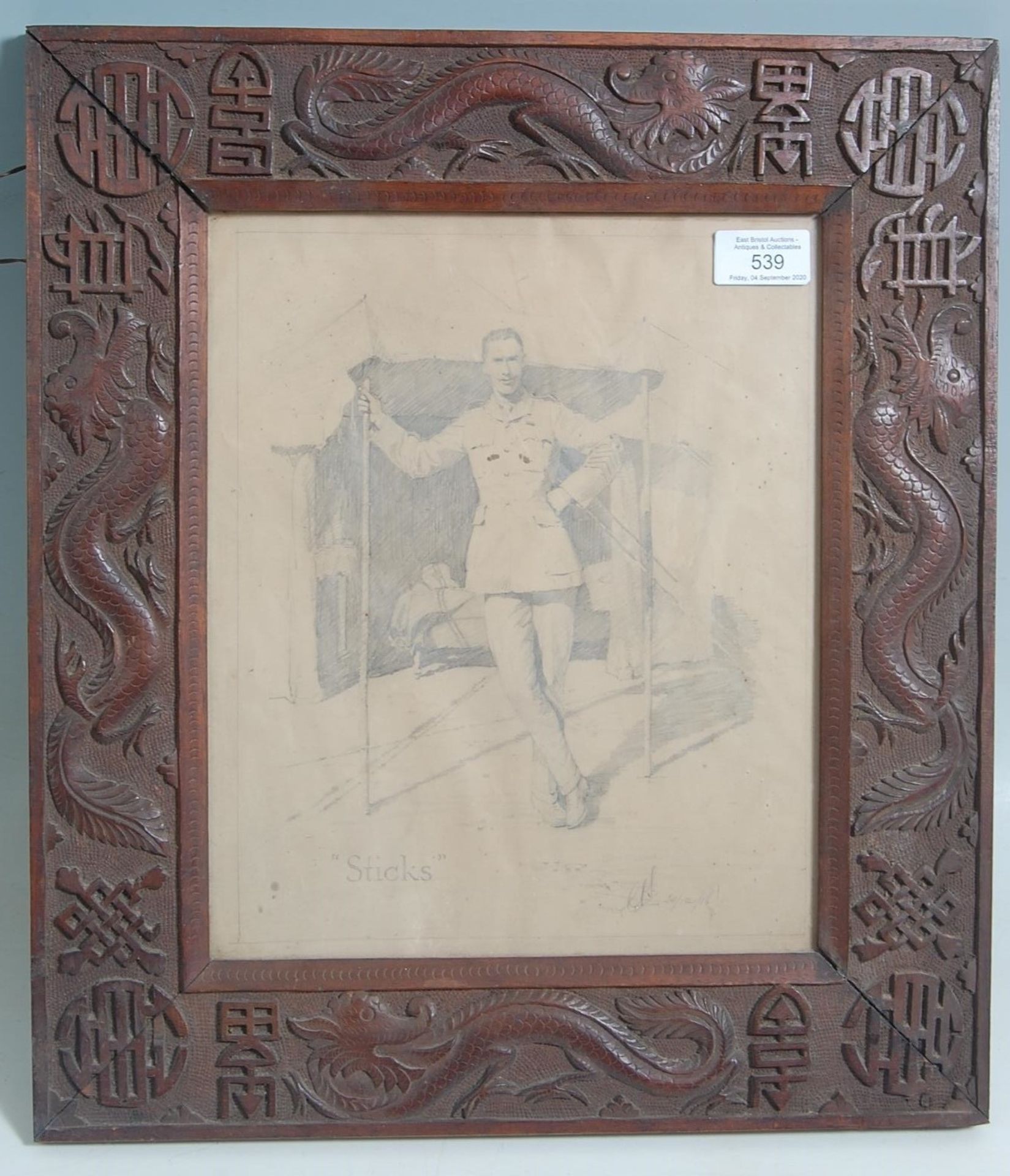 WWI SKETCH OF A SOLDIER STICKS IN ORNATE CARVED FRAME