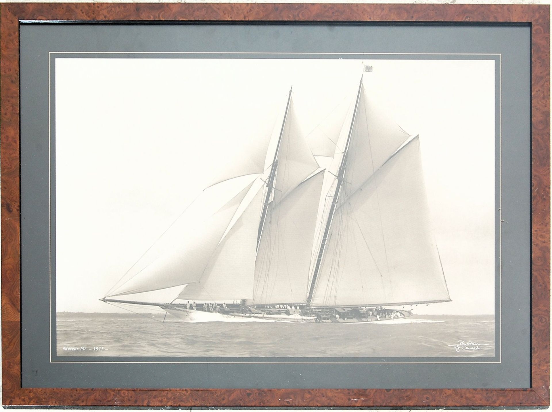 Beken of Cowes - A print of a sepia photograph of the yacht schooner Meteor IV on the sea in full