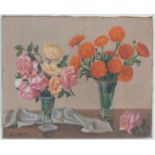 A vintage mid 20th Century Spanish oil on canvas depicting a bouquet of pink roses set within a