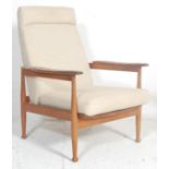 A retro vintage mid 20th century teak wood armchair having detachable soft cushions with period