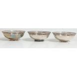 Three silver hallmarked bowls having priced decoration to the top rim. Silver hallmarks for