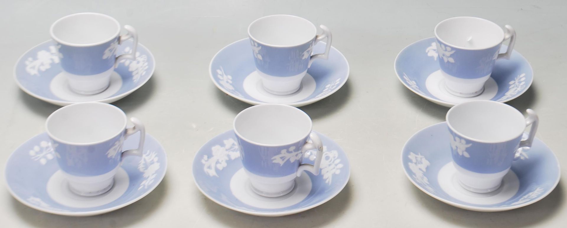 SET OF SIX SPODE BLUE AND WHITE COFFEE CUPS AND SAUCERS