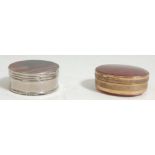 A pair of vintage white metal agate pill boxes with stone oval panels to the lid and base.