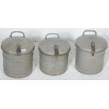 A set of three vintage 1950’s mid 20th century aluminium factory industrial food bins with hinged